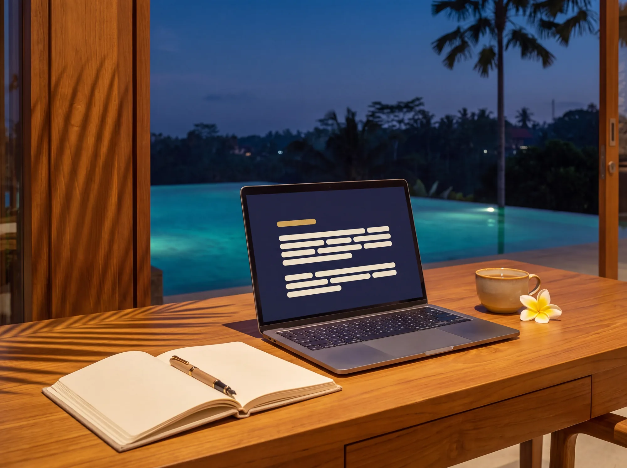Open notebook and laptop with listing text on a tropical desk
