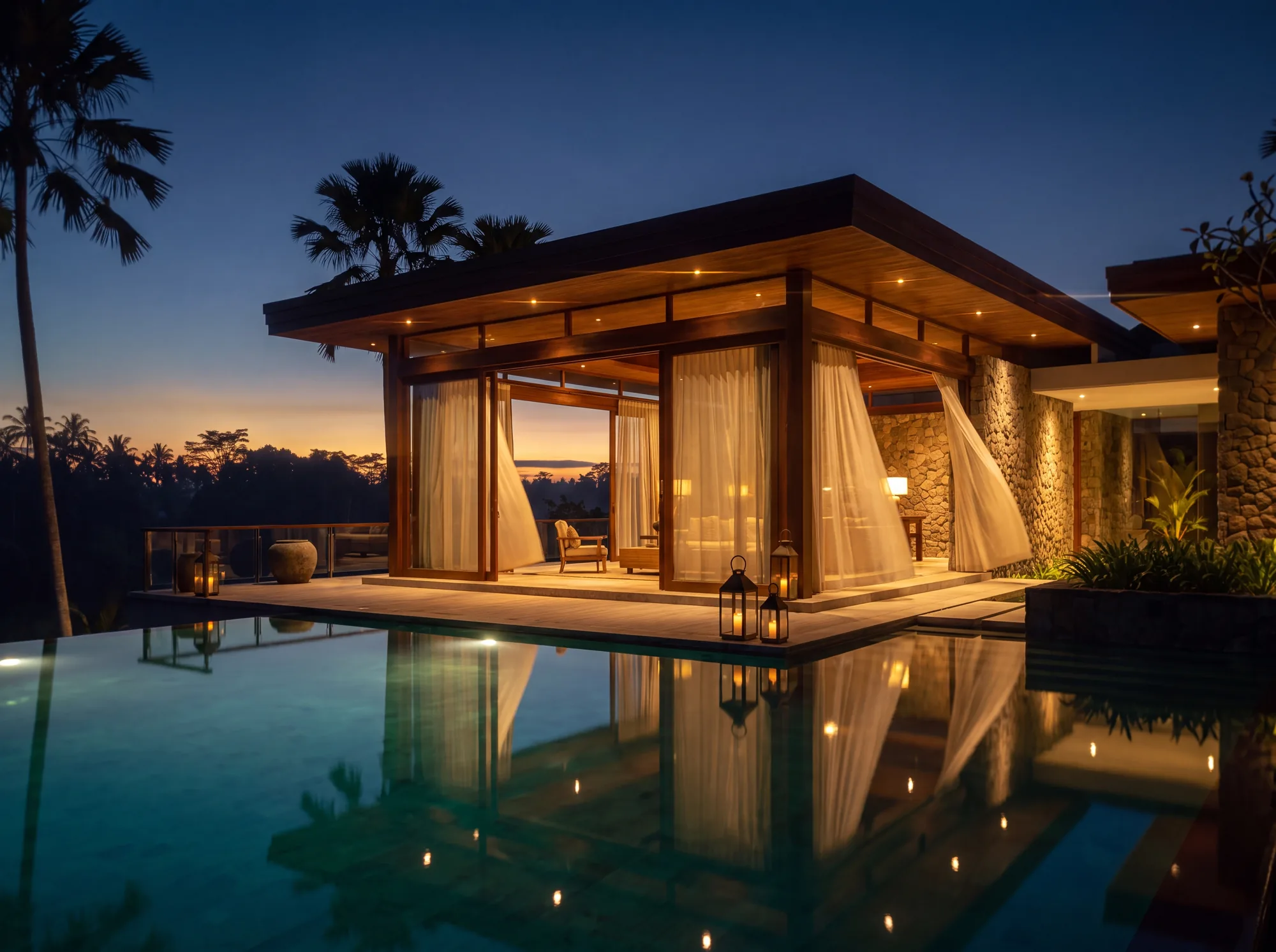 Film still of a villa pool at dusk with a subtle widescreen frame
