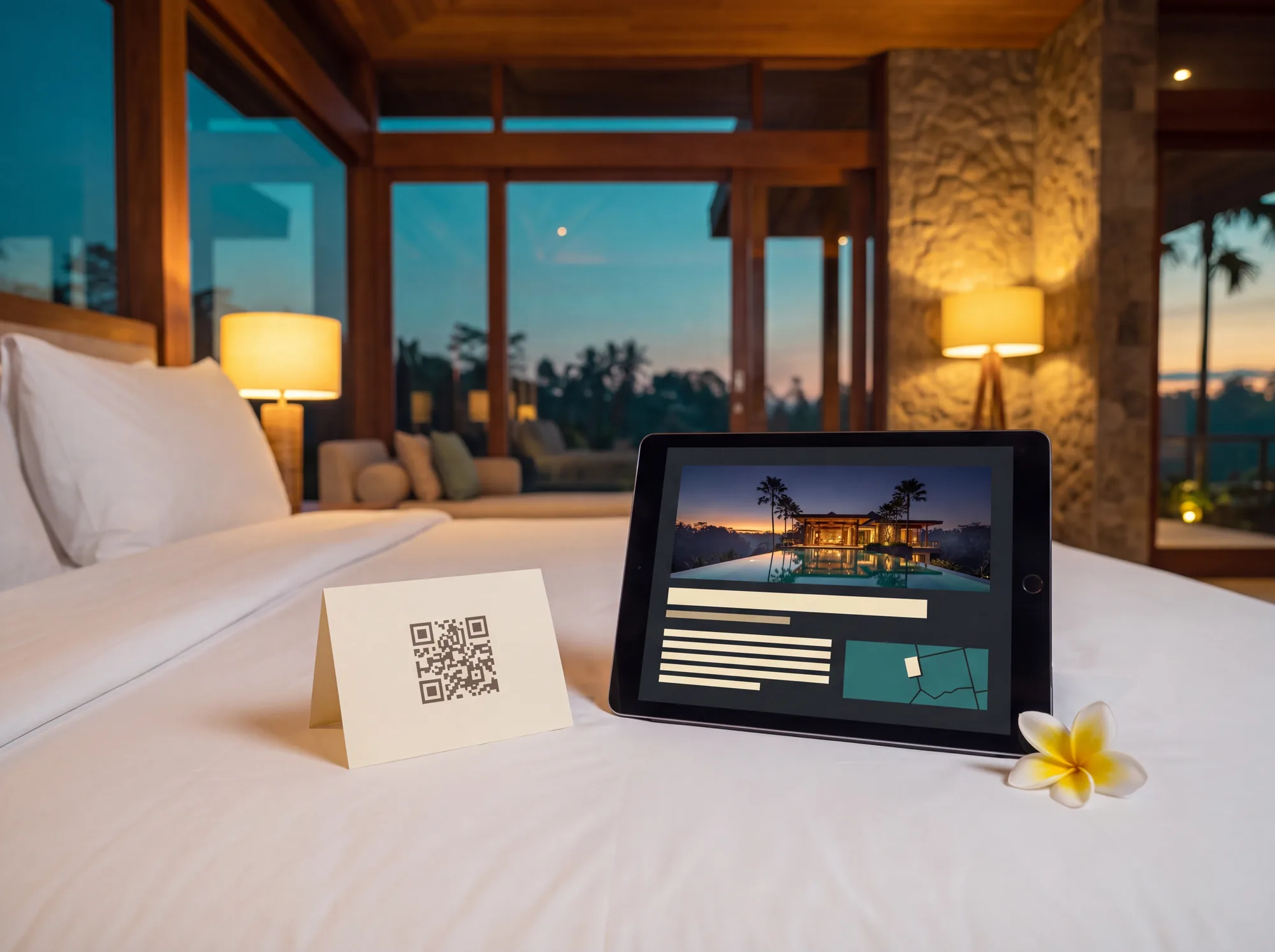 Tablet and a welcome card with a QR code resting on a villa bed