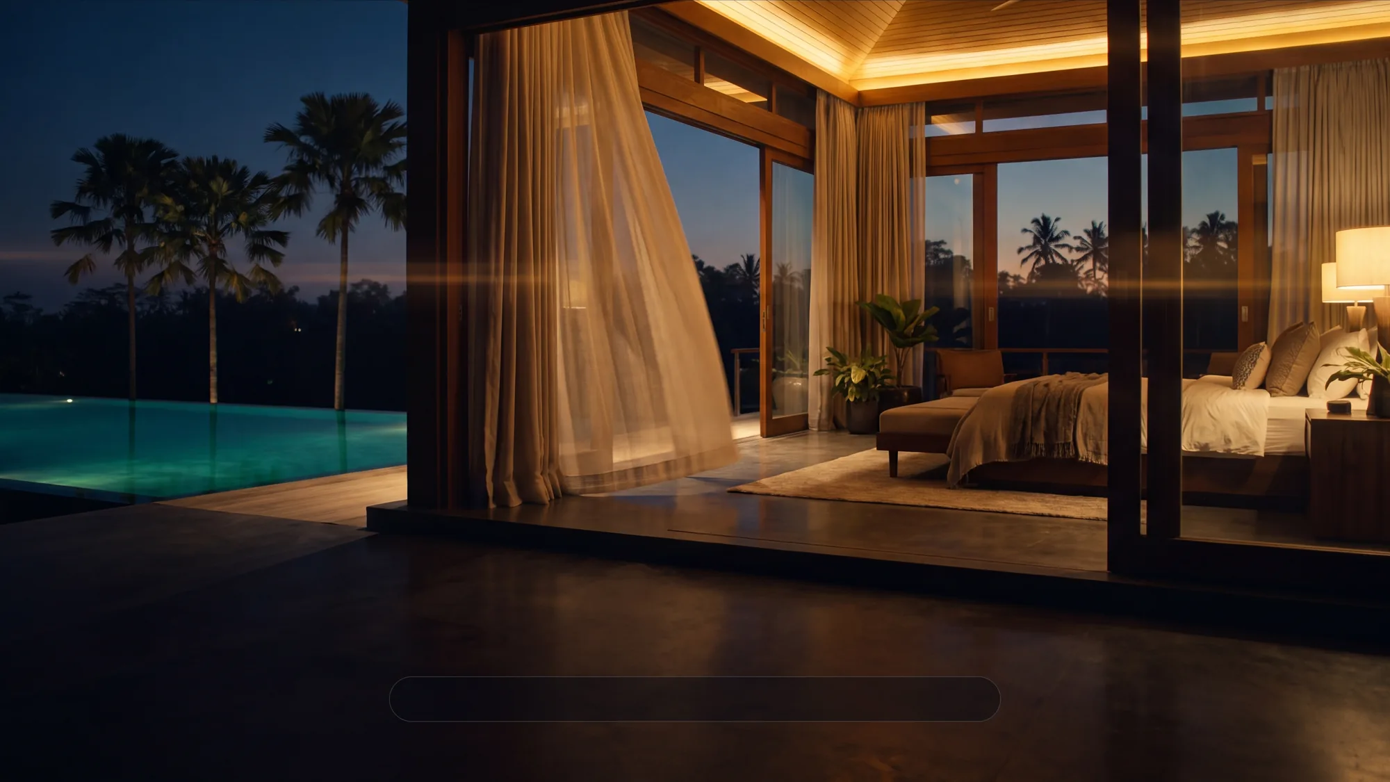 Cinematic film still of a villa with a subtitle bar at the bottom