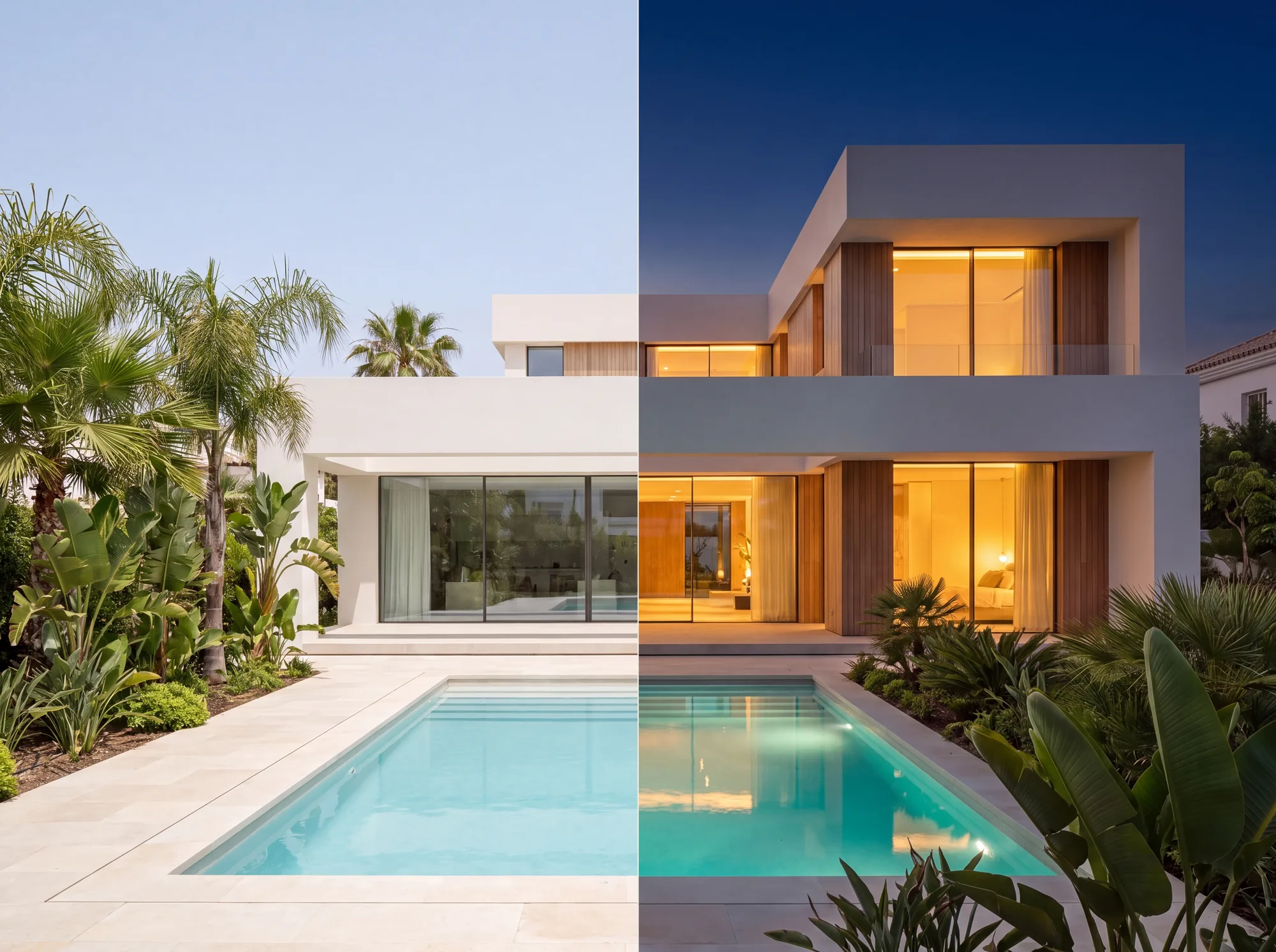 The same villa photo split in two, daylight on the left and relit dusk on the right