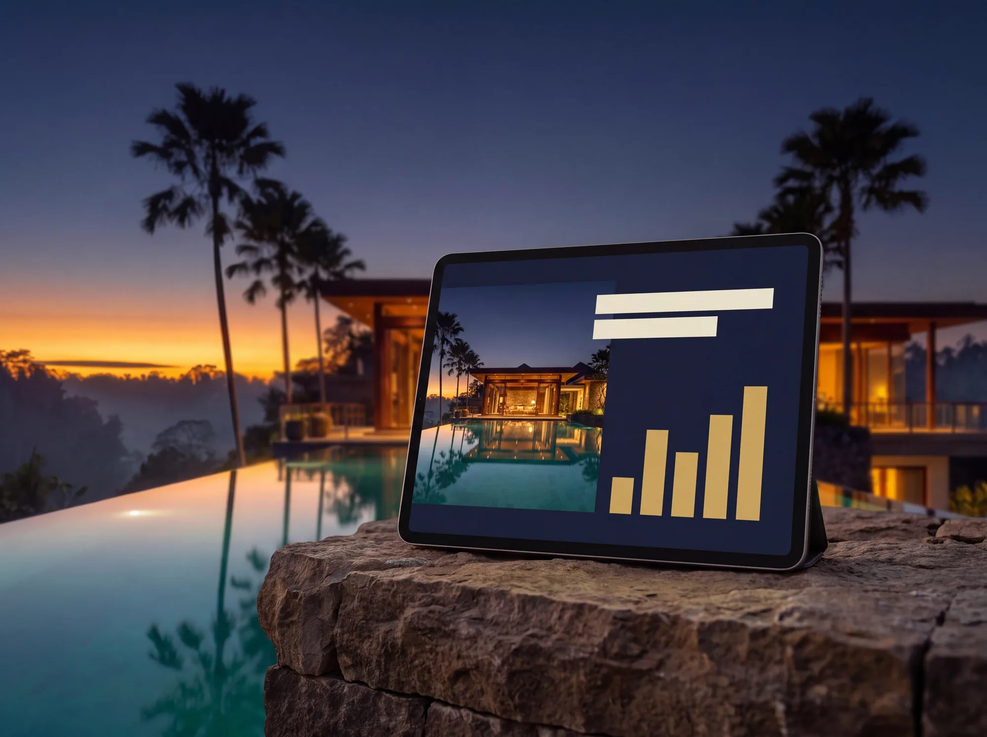 Tablet showing a slide deck on a villa terrace at golden hour