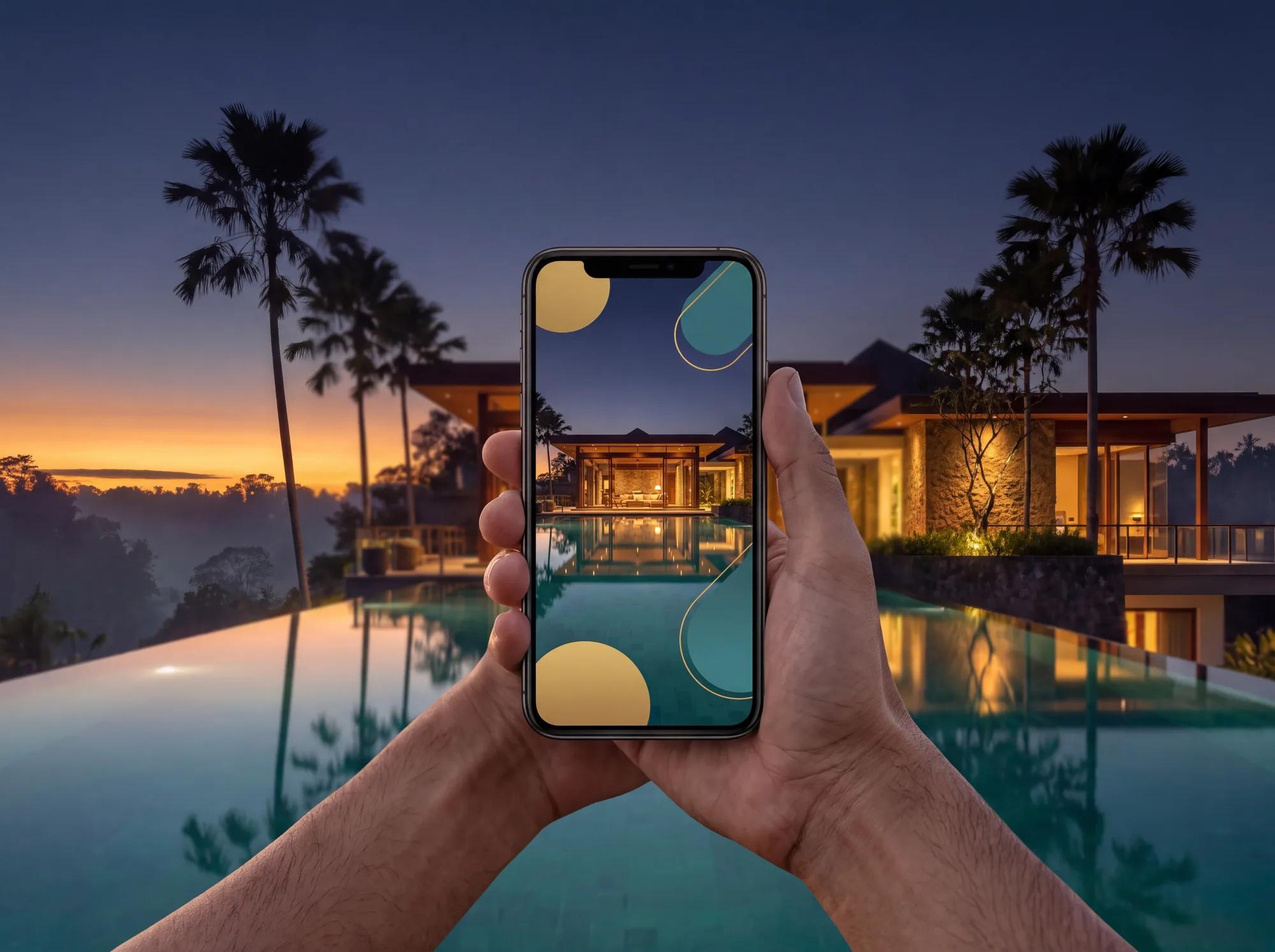 Smartphone showing a vertical villa film, held beside a pool